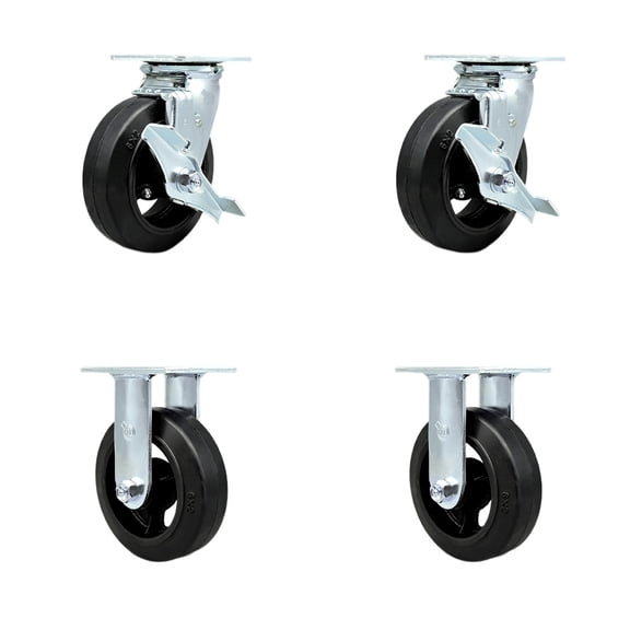 6 Inch Rubber on Steel Caster Set with Ball Bearings 2 Brakes 2 Rigid SCC