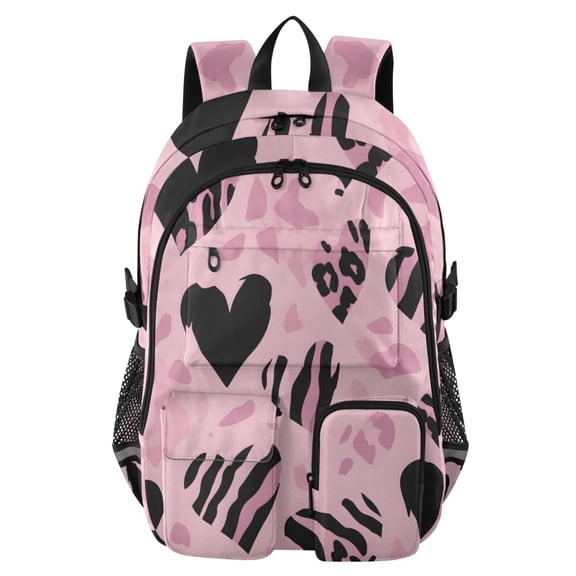 DIXRUYEE Pink Heart-shaped Striped Leopard Print Pattern Backpack for School 14”Laptop Compatible with Reflective Safety Strips