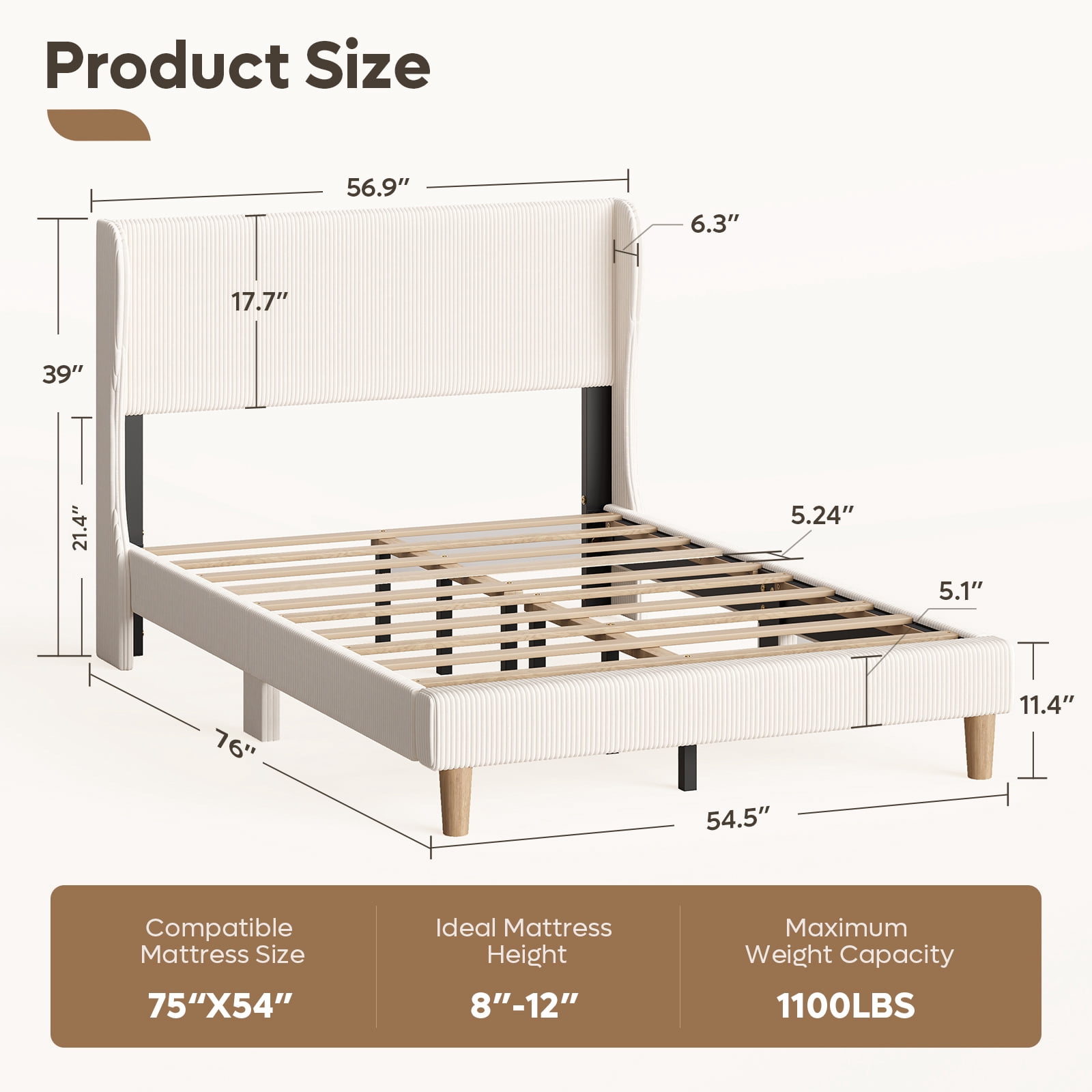 Bestier Full Size Corduroy Bed Frame with Wingback Headboard, Upholstered Platform Bed with Wood Slats, No Box Spring Needed, Beige