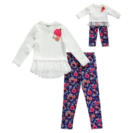Floral Outfit Girl - Lace Hem Top and Floral Legging, 2-Piece Outfit Set with Matching Doll Outfit (Little Girls & Big Girls)