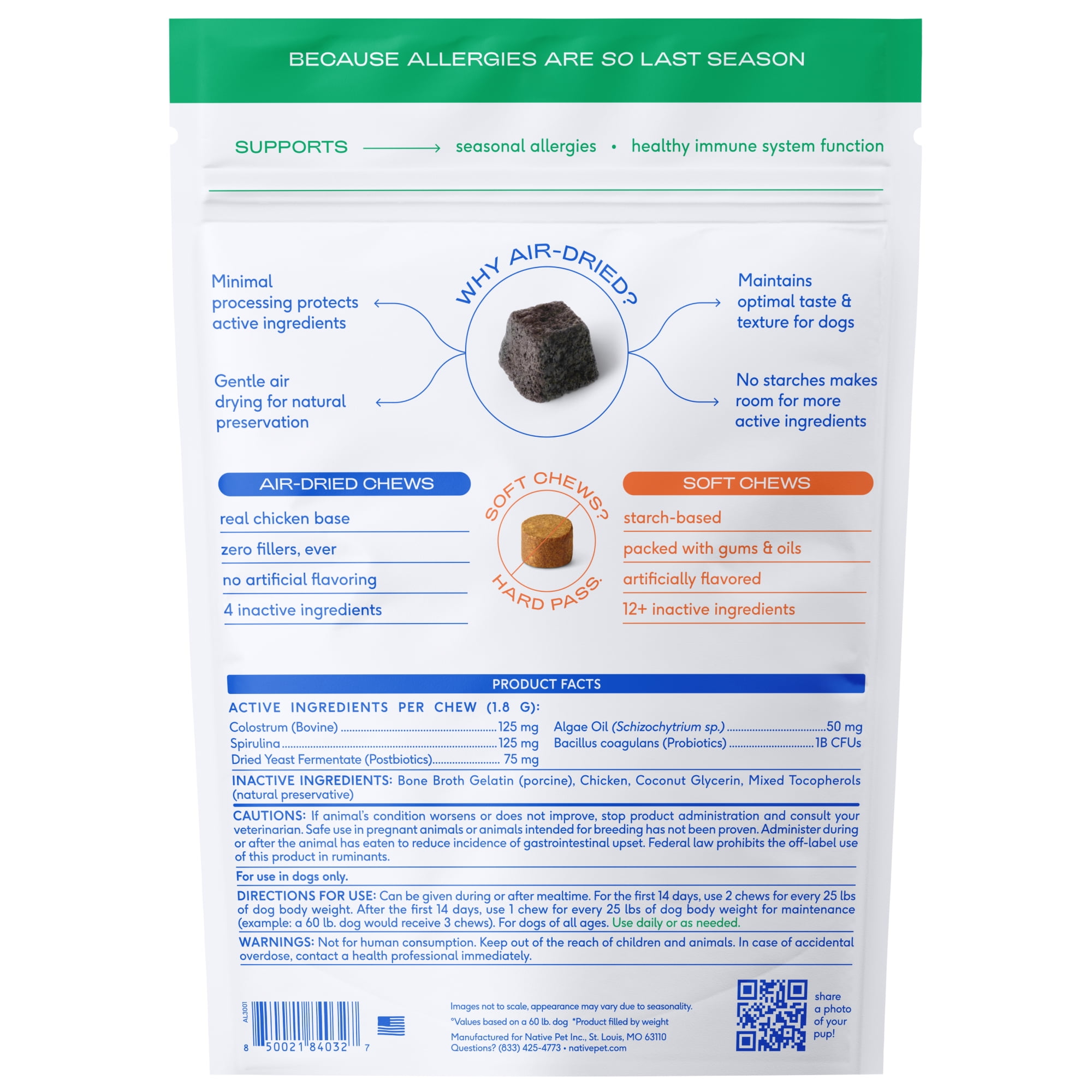 Native Pet Dog Allergy Chews Supplement for Immune Support & Allergy Relief, 120ct