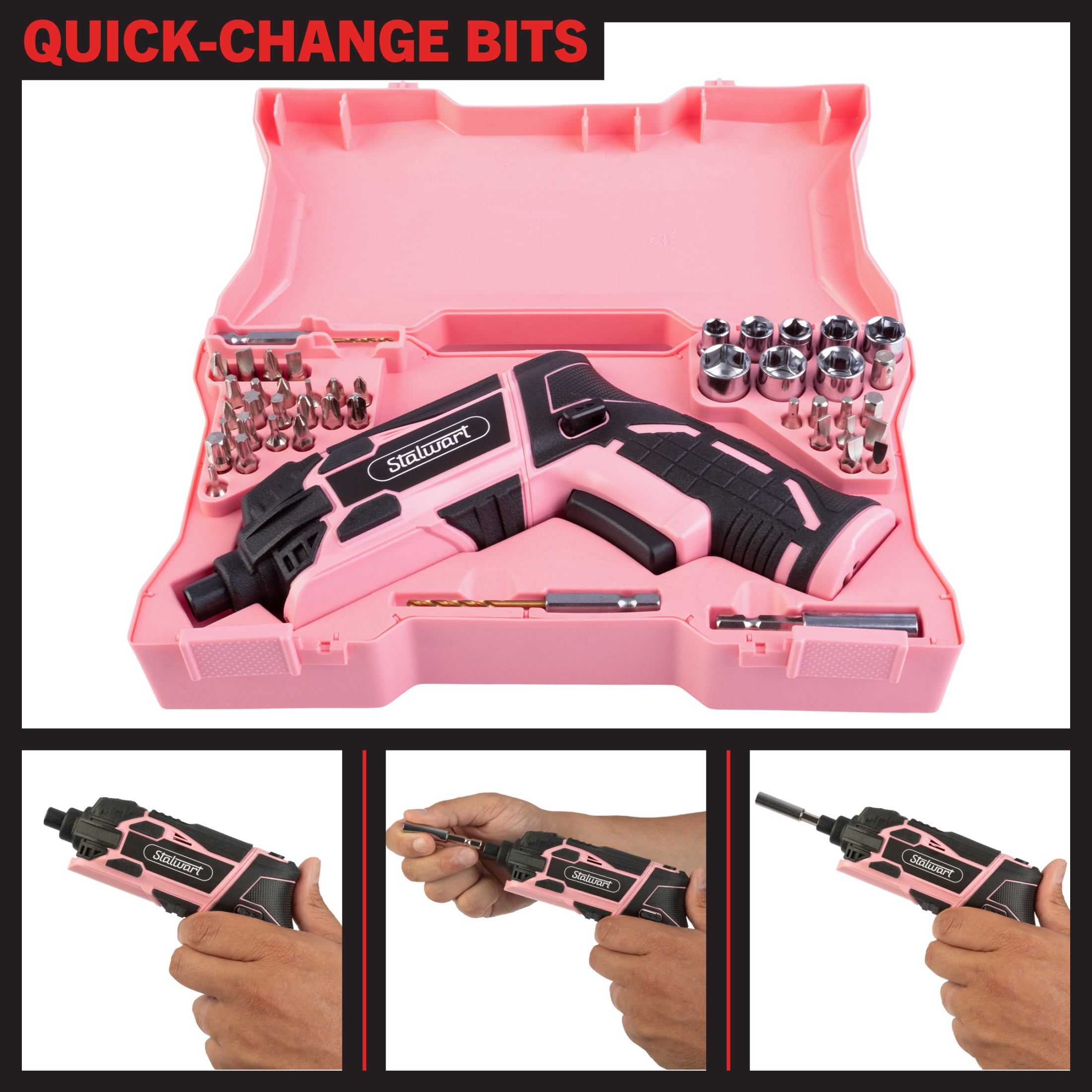 Stalwart Cordless Electric Screwdriver 45pc Set with 2 Position Grip, Pink