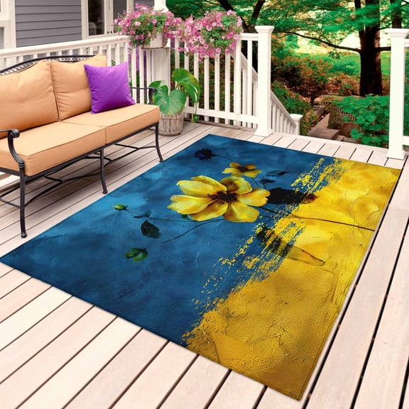 Blue Yellow Spring Floral Outdoor Rug for Patio/Deck/Porch, Non-Slip Large Area Rug 5 x 8 Ft, Watercolor Summer Botanical Indoor Outdoor Rugs Washable Area Rugs, Reversible Camping Rug Carpet Runner