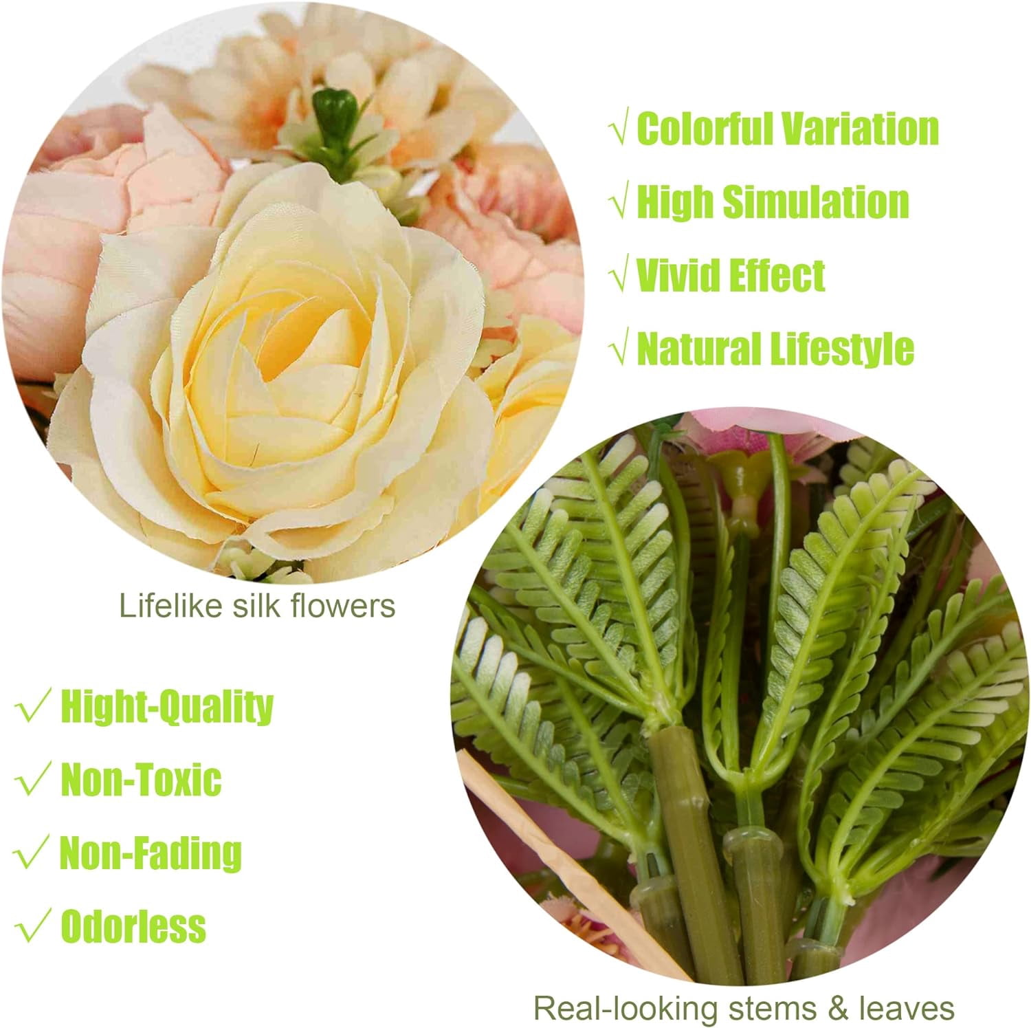 2pcs Artificial Flower Bouquets,12 Inch Wedding Bouquet for Bridesmaid, Tossing Bouquet for Bridal Shower Wedding Ceremony,White and Green