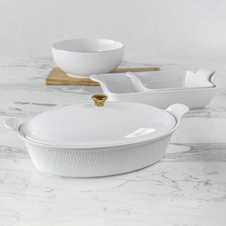 Sofia Home White Oval Stoneware Casserole Dish with Lid by Sofia Vergara 