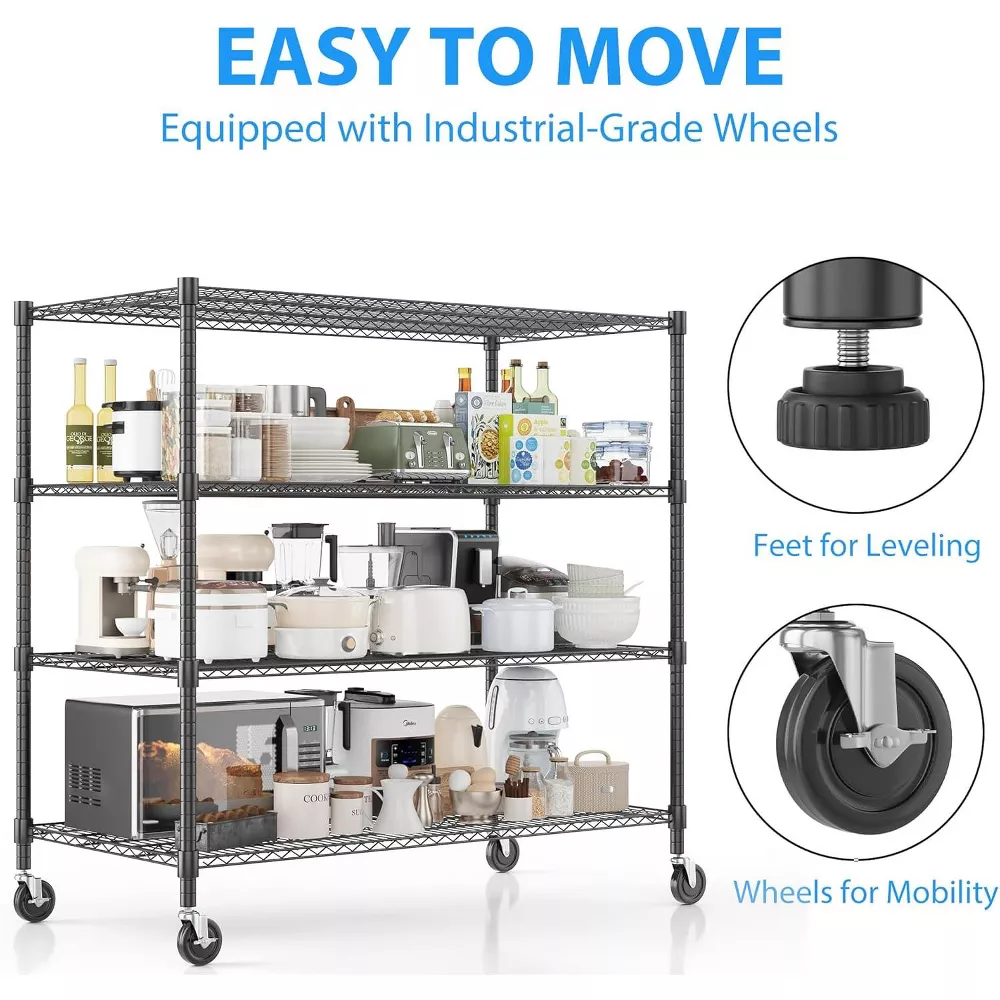 Sailvan 4-Tier Heavy Duty Wire Shelving Unit with Wheels, 48"W x 24"D x 72"H Metal Storage Rack, 3250LBS Capacity, Adjustable Garage Shelves,Black