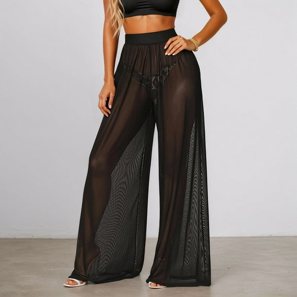 WILLBEST Pantalones Casuales para Mujer, Sexys, de Pierna Ancha, de Malla Transparente, Sueltos, para Playa, Bikini de Cintura Alta, Pantalones Largos para Verano. Mediana