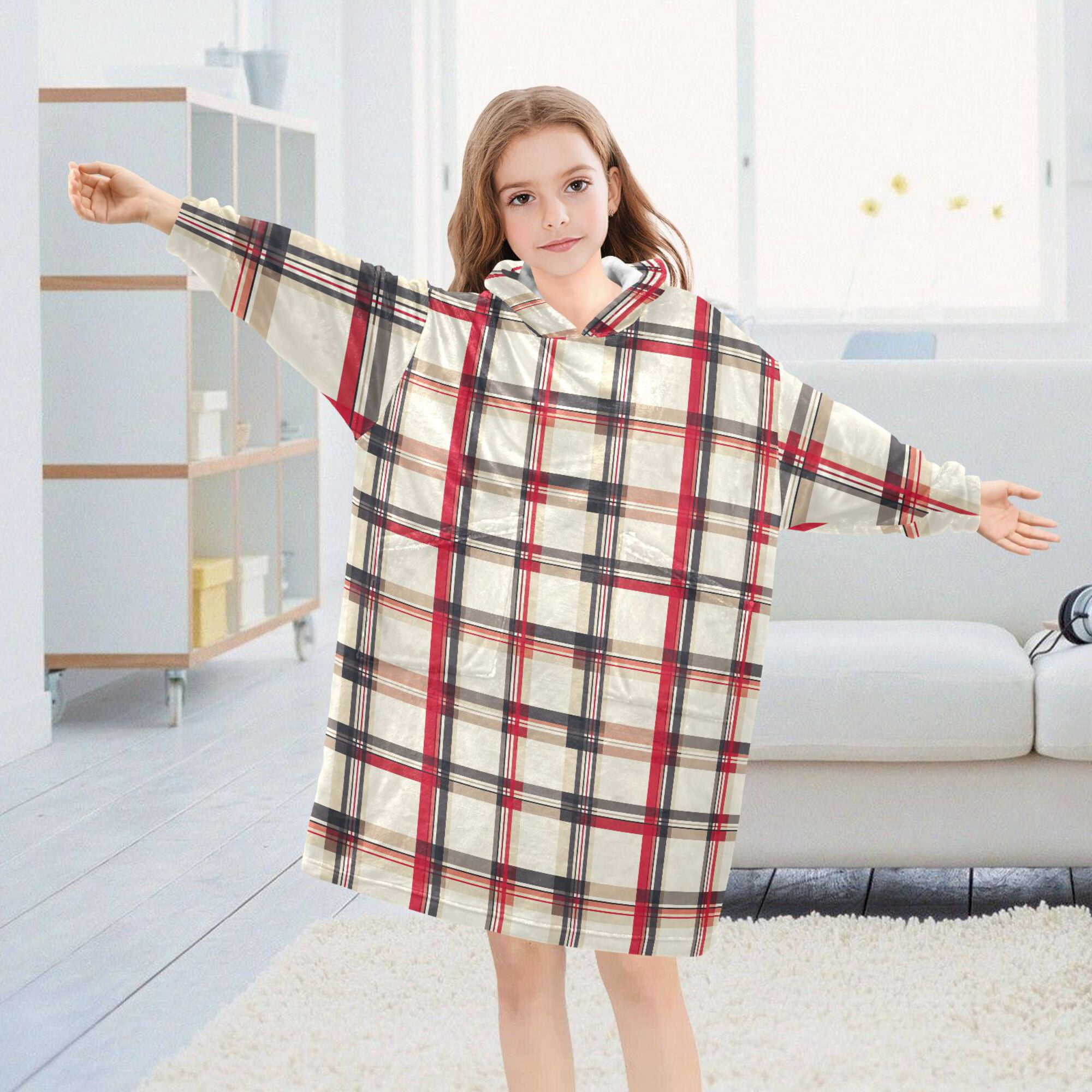 FORMRS Wearable Blanket Hoodie with Sleeves for Kids Cozy Flannel Sweatshirt, Red Tartan
