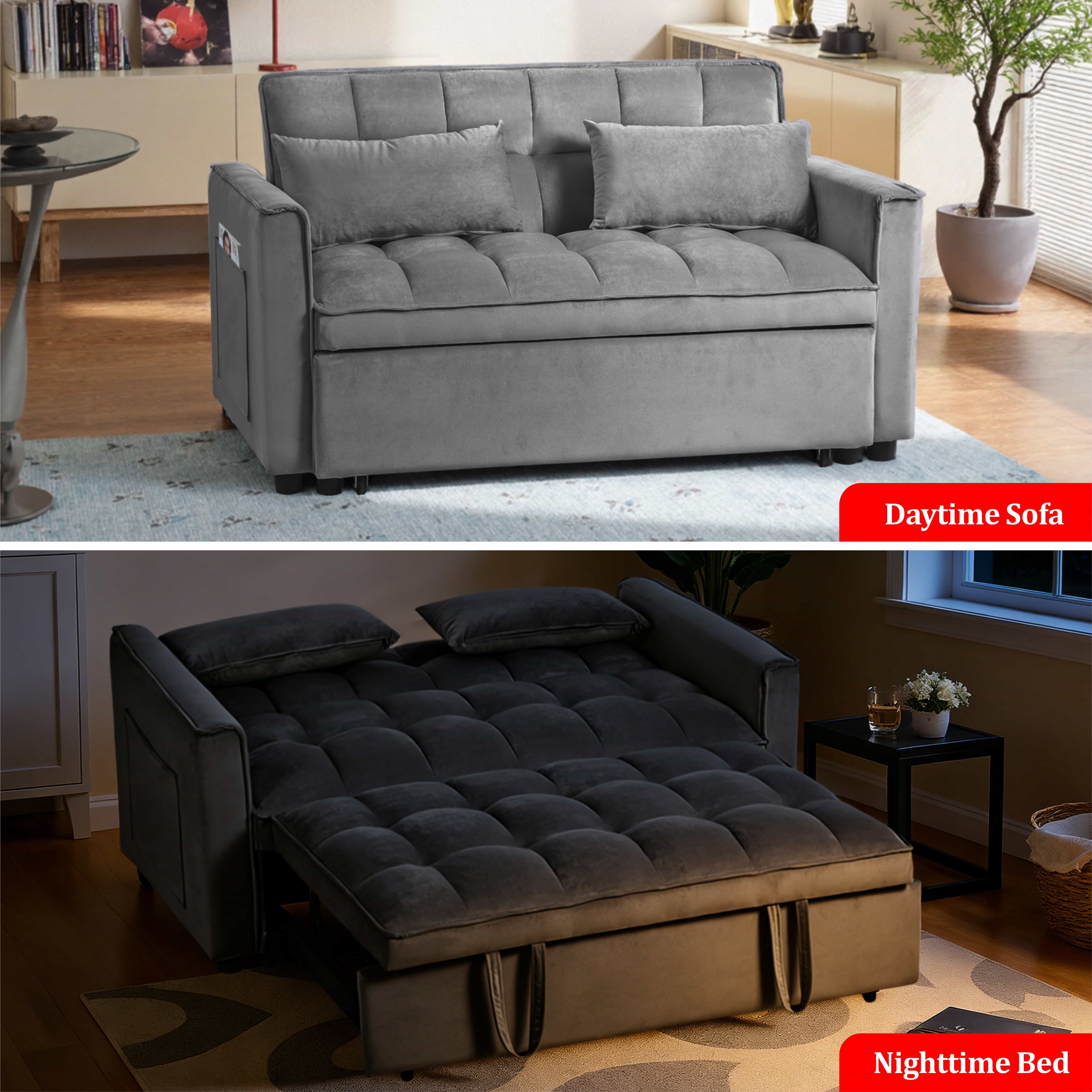 BSHTI 3 in 1 Modern Velvet Loveseat Sofa Bed-3-Position Adjustable Convertible Sleeper, Side Storage Pockets, Square Tufted, Easy Assembly, for Small Space Apartment,Medium Gray