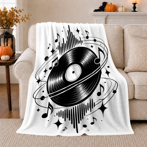 Vinyl Record Surrounded By Notes And Waves, Cozy Flannel Blanket with Monochrome Music Graphic Print, Housewarming Gift for Vinyl Record Enthusiasts, Home Decor for Bedroom and Living Room