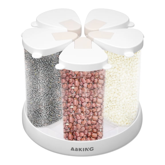 Austok Rice Dispenser Rotating Cereal Dispenser Countertop for Pantry Small Food Storage Container Plastic Grain Canister Sets 5 Grids for Oats Sugar Flour