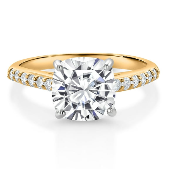 Gem Stone King 10K Yellow Gold 8MM Cushion Cut White Moissanite and White Lab Grown Diamond Engagement Ring for Women | 2.58 Cttw | Wedding Engagement Anniversary Promise Ring for Women | Size 7