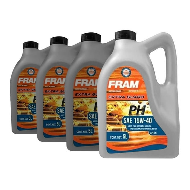 aceite mineral de motor 15w40 fram extra guard set 20 litros Conjunto de cuatro garrafas FRAM Extra Guard 15W-40, vista frontal 3/4, envases plásticos grises con etiqueta naranja y azul que muestra SAE 15W-40 y API SN; cada garrafa contiene 5 L, para motor a gasolina, origen México.