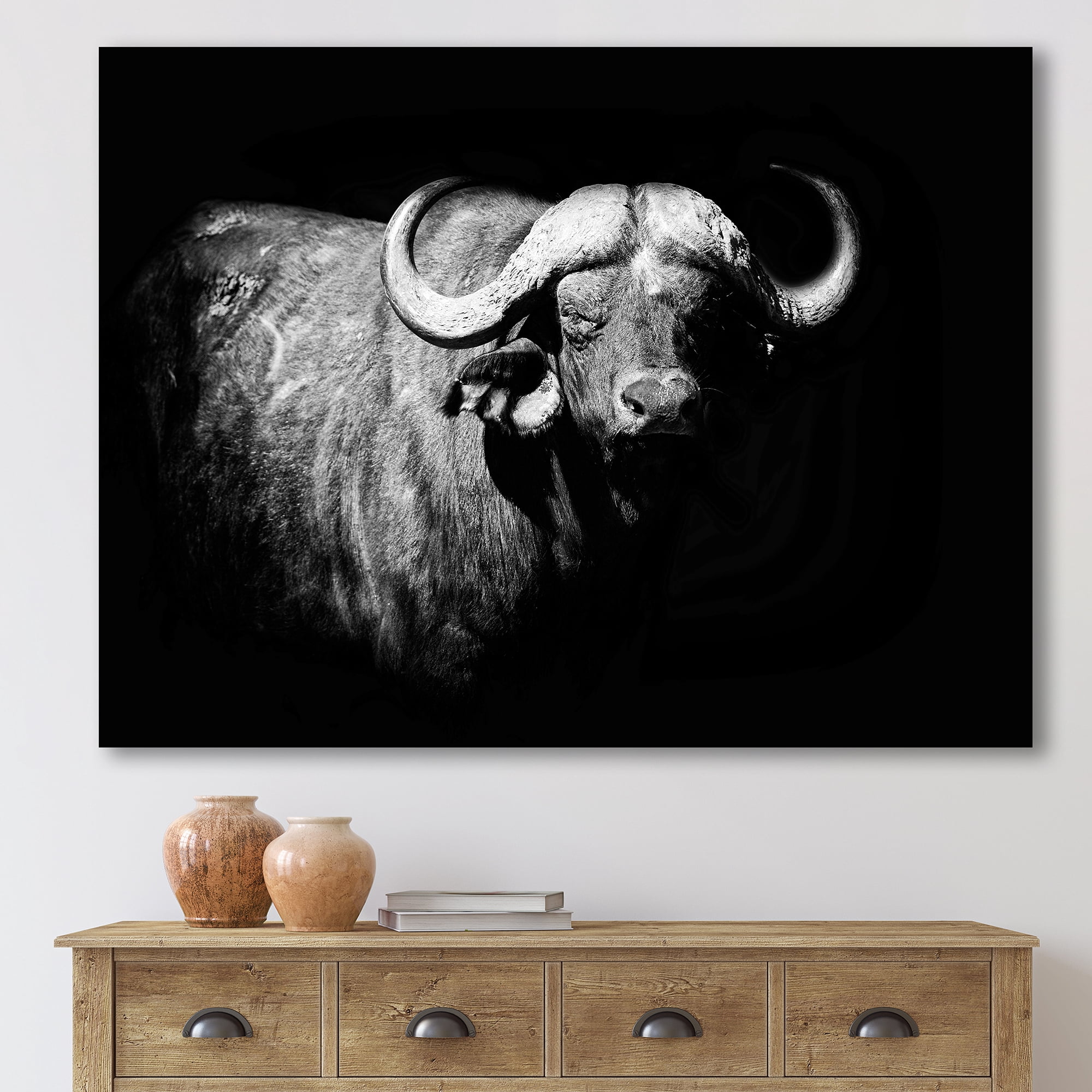 Designart ' Black and White Portrait Of Buffalo I ' Farmhouse Canvas Wall Art Print