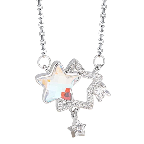 Elegante collar de aleación con dos estrellas: una estrella grande hueca con cristal y otra pequeña sólida. Estiloso para mujeres y niñas.