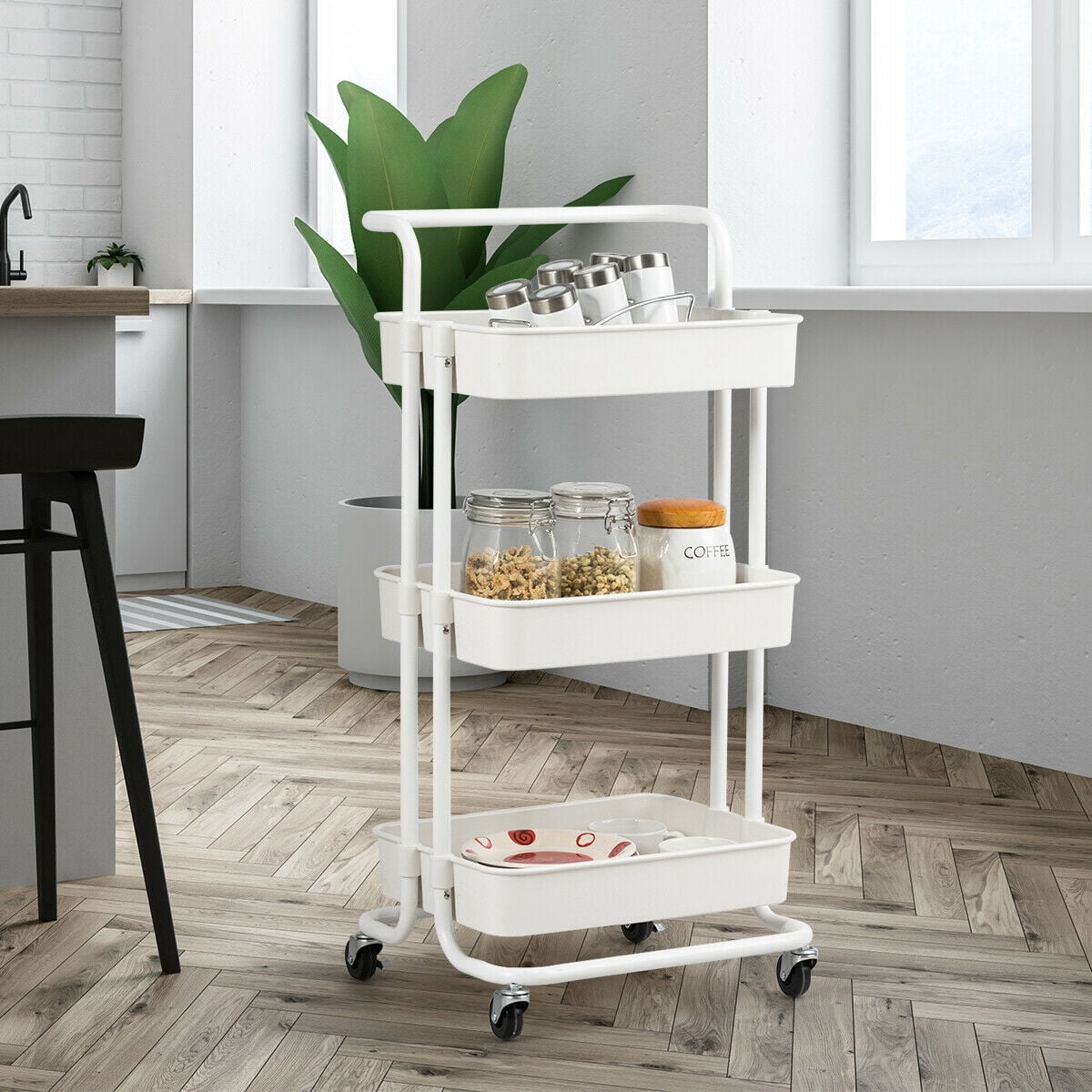 Gymax 3 Tier White Rolling Cart W/Wheels Practical Handle & ABS Storage Basket Organizer