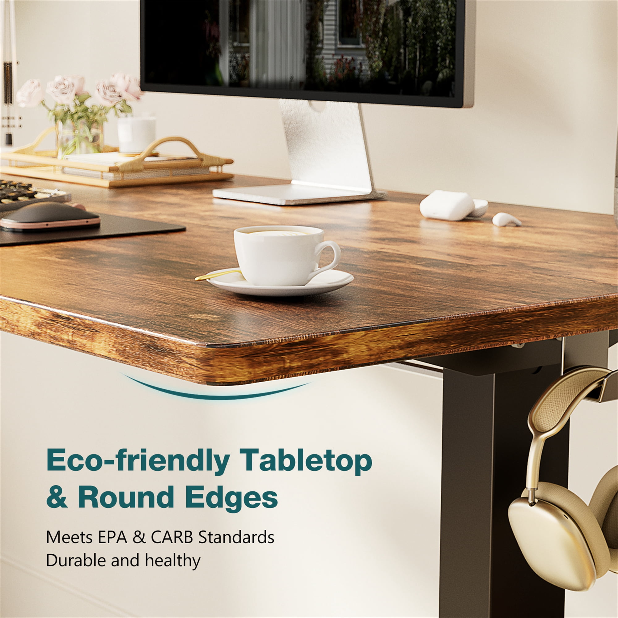 Aukfa 55" Electric Standing Desk, Adjustable Height Stand up Desk for Home Office, Brown