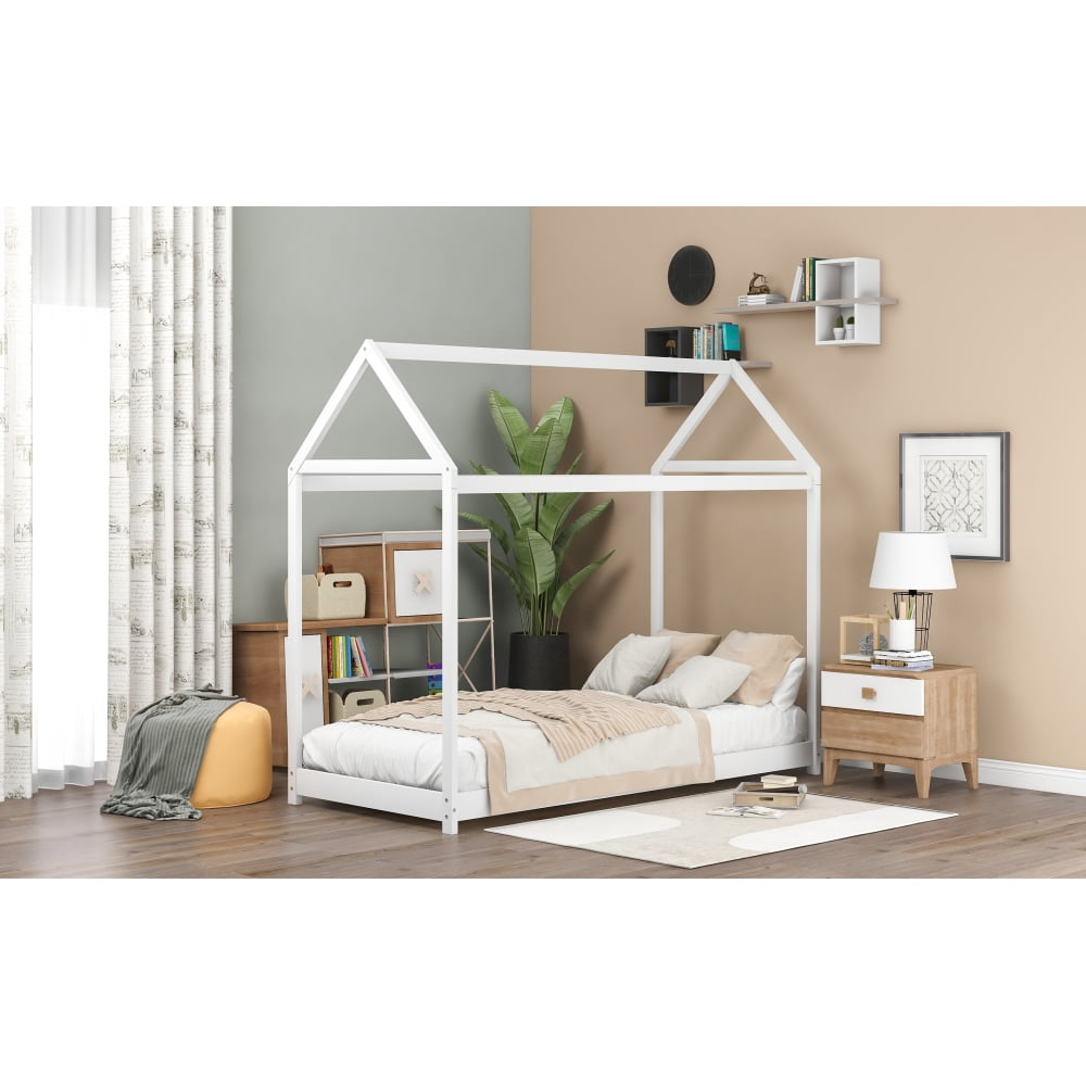 Twin Size Wooden House Bed, White(New)