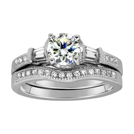 Antique 2.00 Carat Round Man made diamond moissanite Wedding Ring Set with Baguette Man made diamond moissanite for Her Sterling Silver with 18k Gold Plating