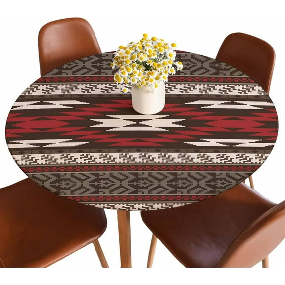 Ethnic Pattern Round Table Cloth Cover Red Brown Rhombus Geometric Stripes Traditional Tablecloth for Indoor Outdoor Picnic Party Fit for 40"-44" Round Tables