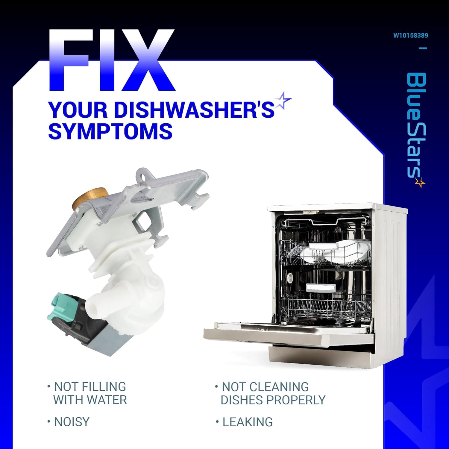 RVKXHD W10158389 Dishwasher Water Inlet Valve Replacement - Compatible with Whirlpool Kenmore Dishwashers - Replaces AP6015932 8558986 8558987 8558988 8563405 8563406 8563407 W10158387