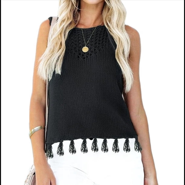 Suéter de Punto de Verano para Mujer, Camiseta Sin Mangas con Cuello Redondo de Crochet, Blusa Informal Sin Mangas con Aberturas Negro L