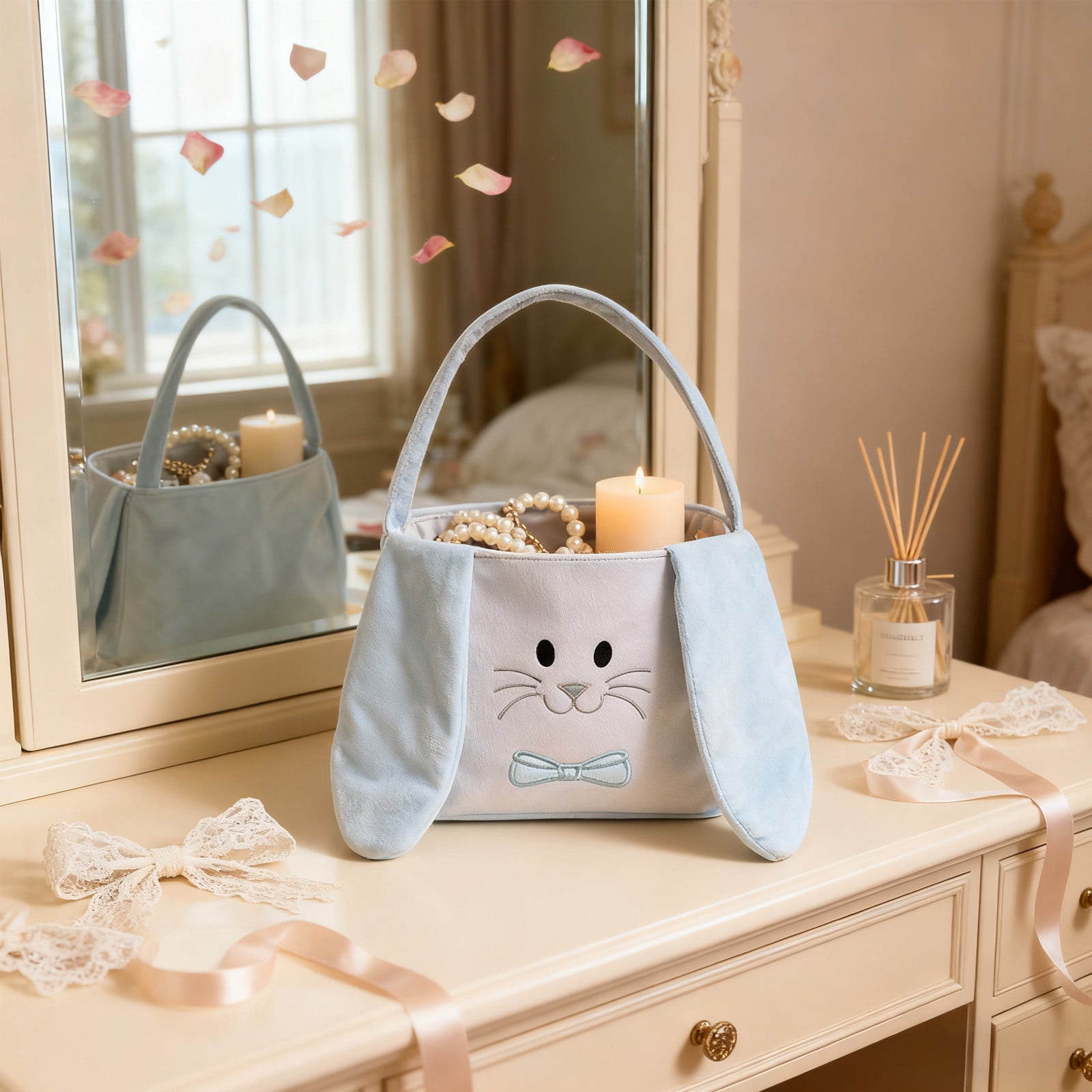 ToyKingdee Easter Basket Easter Bunny Basket, Cute Fluffy Bag with Foldable Ears, Plush Rabbit Tote Bags for Easter Egg Hunts Decorations Candy Gifts Storage