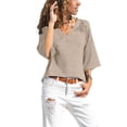 thumbnail image 4 of Langwyqu Women Solid Color V Neck 3/4 Sleeve Casual Loose Shirt, 4 of 5