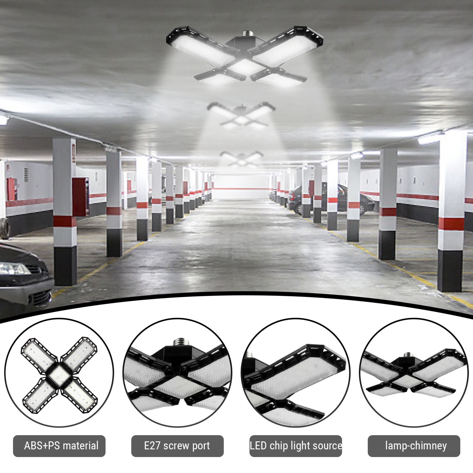 JilgTeok 1 Packs LED Garage Lights Deformable LED Garage Ceiling Lights with Adjustables Panels Lights for Garage Workshop Basement Support E27 Screw Socket
