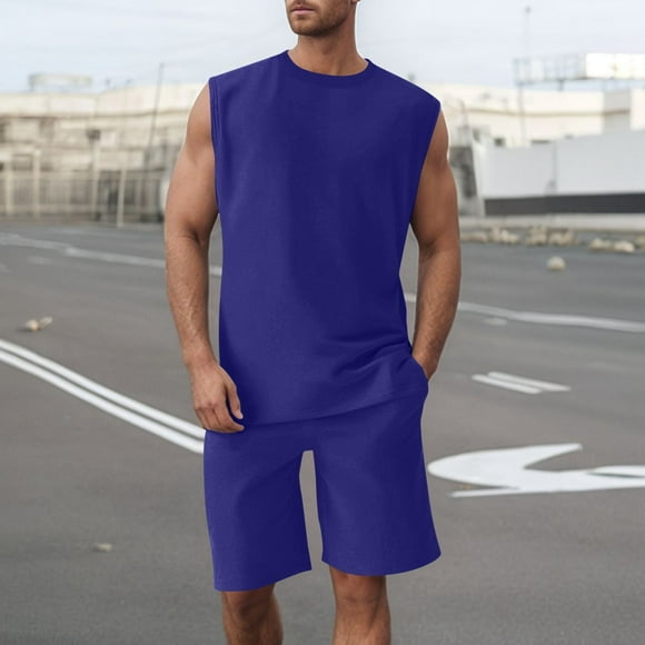 YDLCAFD Mens Bib Overalls Denim Summer Knit Sleeveless Vest And Shorts Sports Suit Casual Thin Top Solid Color Vest Two Piece Set