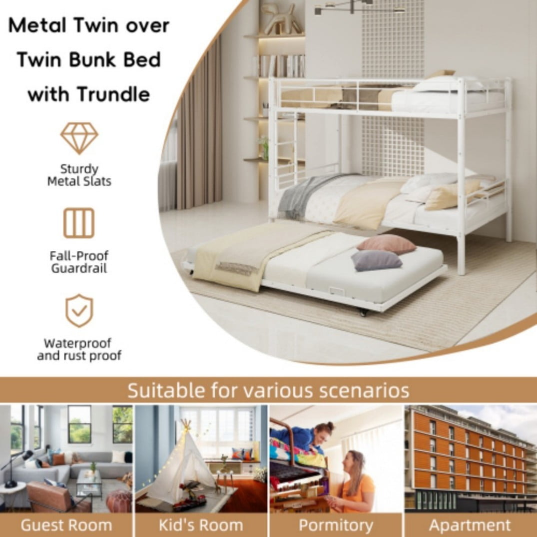 Twin Triple Bunk Bed, 3-in-1 Convertible Metal Bunk Bed Frame, Space-Saving Design with Guardrails & Ladder, Heavy-Duty Iron, White