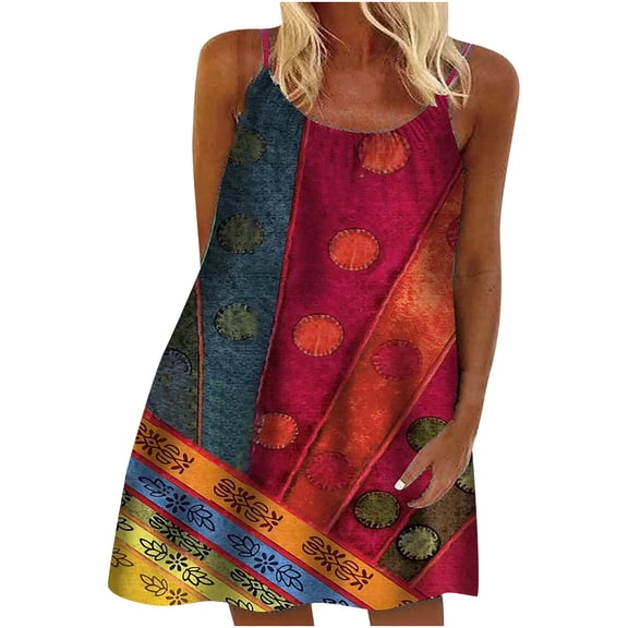 Summer Dresses for Women 2023 Sleeveless Printing Patchwork Dress Round Neck Maxi Loose Fit Y2K Fashion Elegant Party Club Beach Seaside Homecoming A-Line Swing Hem Vest Sling Dress