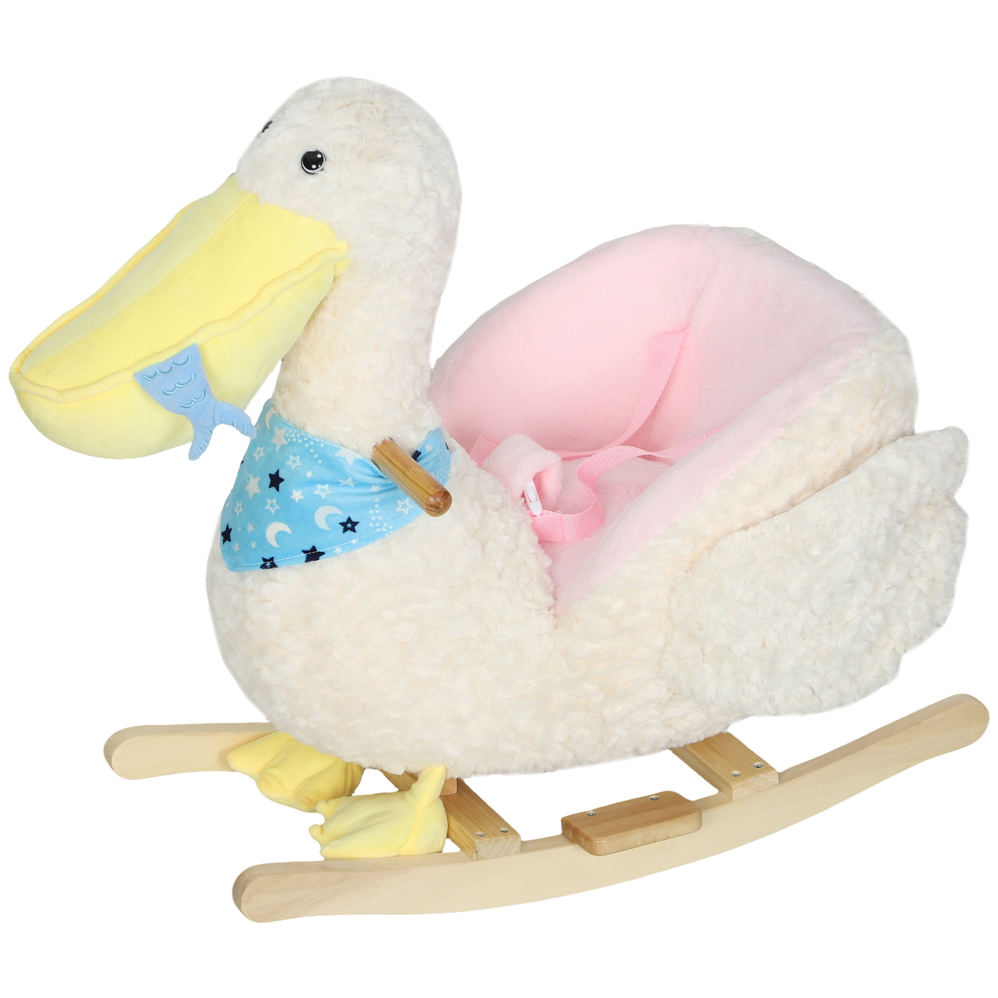 Kid's Plush Pelican Rocking Horse, White with Built-In Lullaby 3-Point Safety Belt, Wide Wood Base Steel Frame 55 lbs Capacity for 12+ Months 18-36 Months Toddlers
