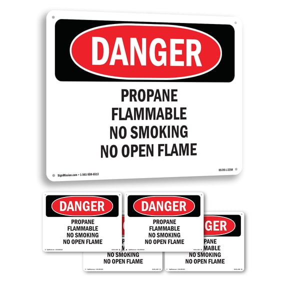 Propane Flammable No Smoking No Open Flame OSHA Danger Rigid Plastic Sign 10 Inch x 7 Inch - 5 Pack