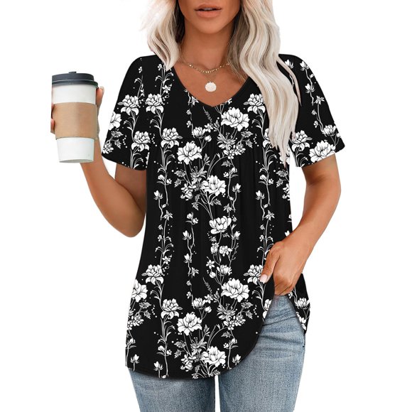 Lightweight Women's Printed V-Neck Short Sleeve T-Shirt Loose Fit Casual Top Comfortable Daily Wear Summer Blouse Everyday Essential