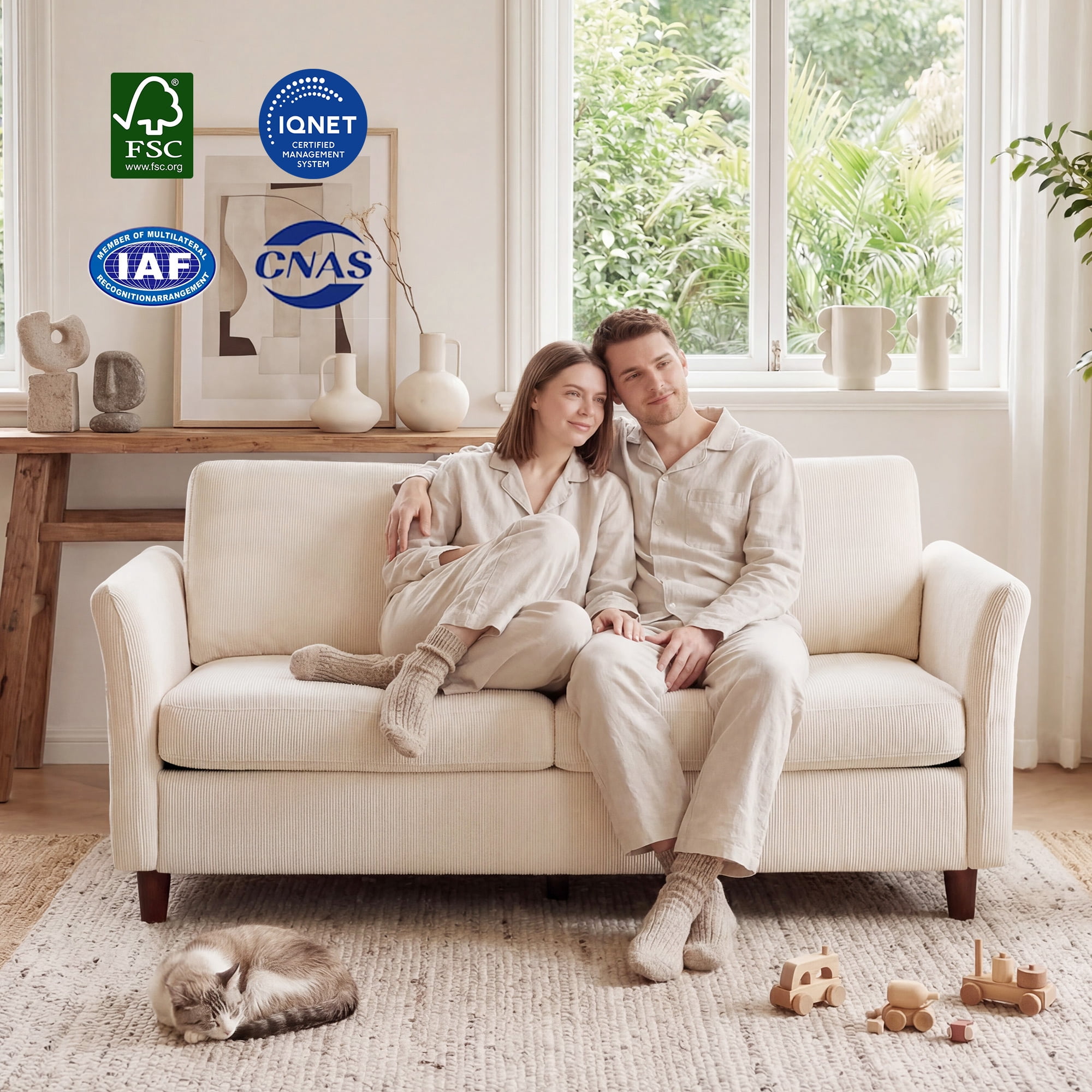 Poshby 79.1'' Comfy Couches Corduroy Sofas Loveseat 3-Seater with Side Pocket for Living Room, Beige