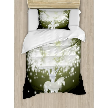 Grey And Yellow Duvet Cover Magic Duvet Cover Set, Legendary Unicorn Horse under Mystic Tree with Human Fantasy Artwork Design, Decorative Bedding Set with Pillow Shams, Yellow Hunter Grey, by Ambesonne ()