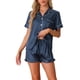 thumbnail image 1 of INSPIRAR CHIC Conjuntos de Pijamas de Satén para Mujeres, Conjuntos de Lounge de Seda, Camisa de Manga Corta con Botones, Pantalones Cortos con Volantes, Ropa de Dormir de 2 Piezas, 2XL Azul, 1 of 6