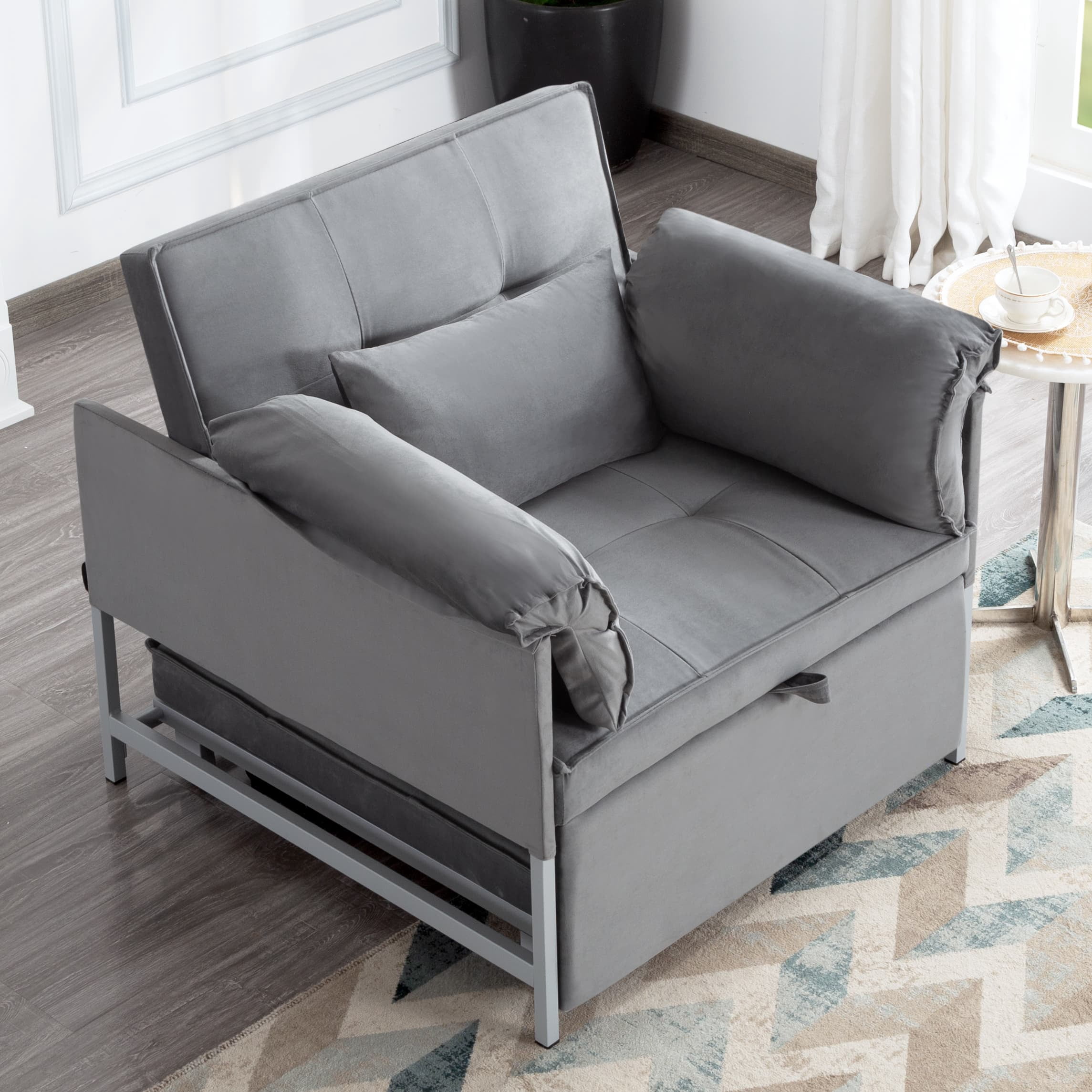 BSHTI 34.3" Convertible Fold Out Sleeper Chair, Sturdy Metal Frame, Velvet Upholstery, 3 Adjustable Angles Reclining Function Sofa Bed, Easy Assembly (Gray)