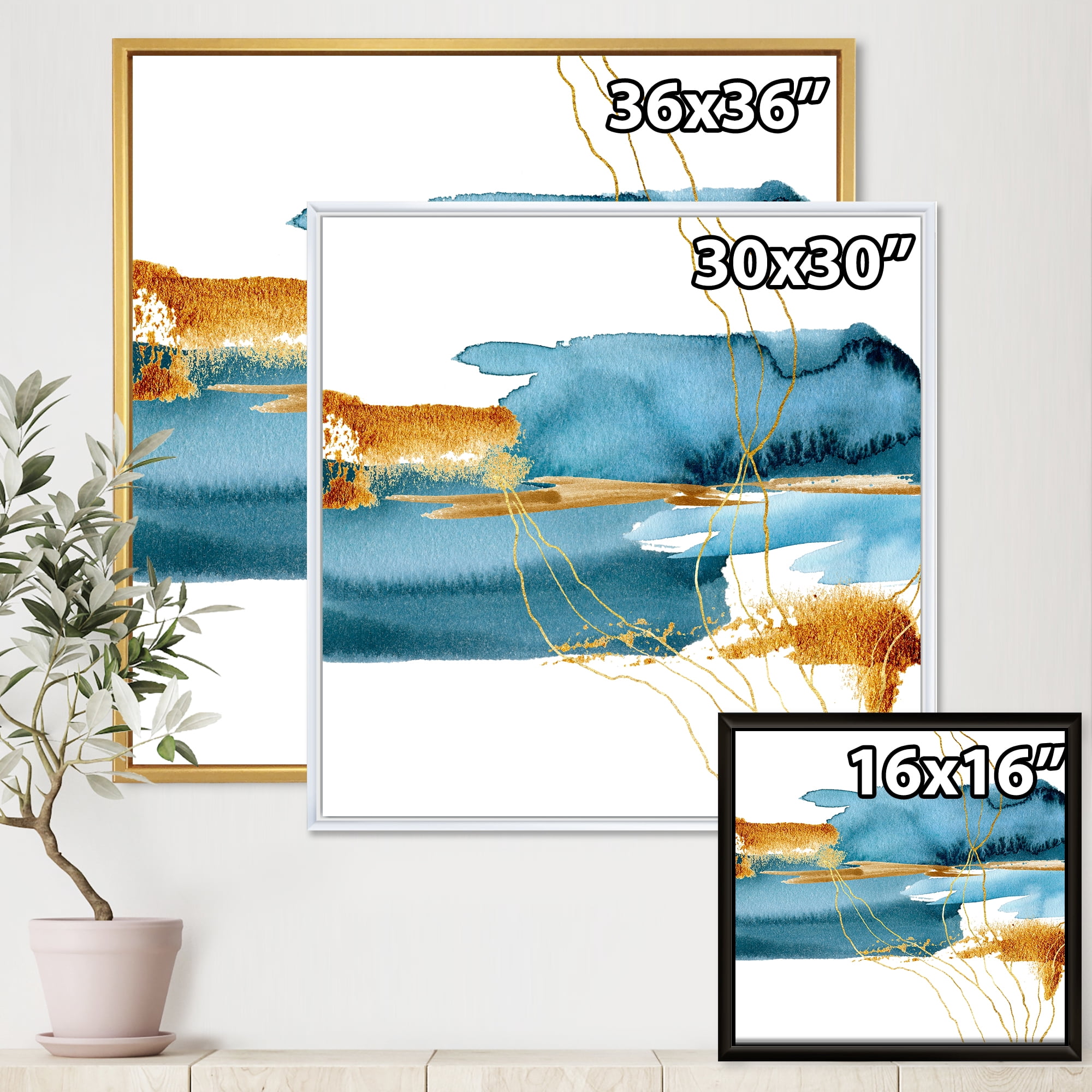 Designart 'Golden Laminaria Branch With Blue Underwater Plant' Modern Framed Canvas Wall Art Print
