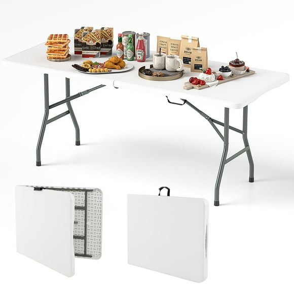 Gymax 6 ft Portable Folding Table w/HDPE Tabletop Safe Lock Mechanism Carrying Handle White