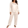 thumbnail image 2 of NominalSnug Plus Size Satin Pajamas for Women Round Neck Long Sleeve Top Wide Leg Pants with Pockets Comfy Sleepwear, 2 of 8