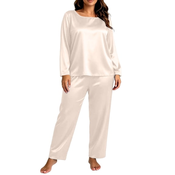 vdgthytj Plus Size Loungewear Sets for Women Satin Long Sleeve Crewneck Tops Straight Leg Pants Fall Sleepwear 2 Piece Outfits(X-Large,White)