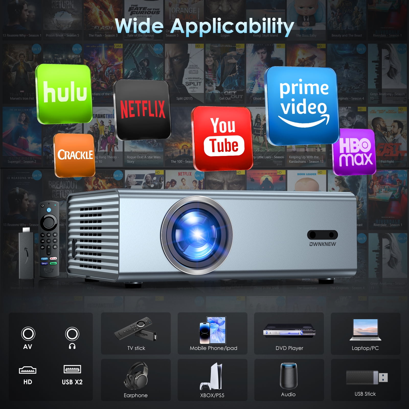 Hewcham Bluetooth Projector with WiFi, Auto Keystone, Electric Focus, 450-Inch Full HD Multimedia, Gray