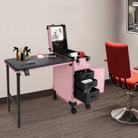 Rolling Makeup Case Rolling Portable Manicure Table with 3 Drawers Makeup Case