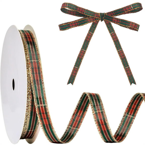 Christmas Plaid Ribbon, NOGIS 0.4 Inch 25 Yard Woven Edge Gingham Ribbon for Gift Wrapping Crafts Party Home Decoration, Red Green Gold(0.4inch Wide)