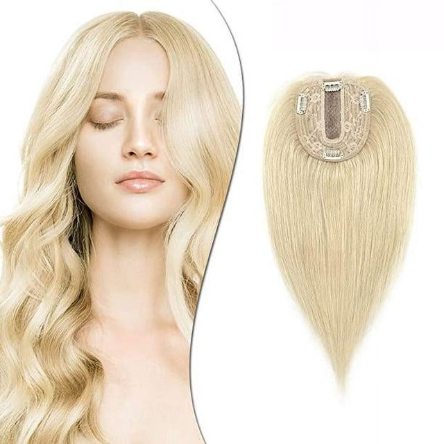 Postizos para el cabello para mujeres, tupé de corona, 100 % cabello humano, con clip, base de seda, postizos, raya en el medio con protección contra la caída del cabello, extensiones de cabello blan