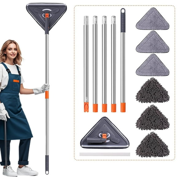 Wall Cleaner Mop with Long Handle,360° Rotating Triangular Microfiber Cleaning Mop from 25 to 85 inch, 6 Replacement Pads,Adjustable Wet and Dry Dust Mop Cleaner for Floor Ceiling Windows