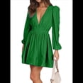 thumbnail image 3 of Vestido Mini de Larga con Escote en V Profundo para Mujer, Corte A, Cintura Alta, Informal, Fluido, Ideal para Invitadas de Boda. Verde M, 3 of 8