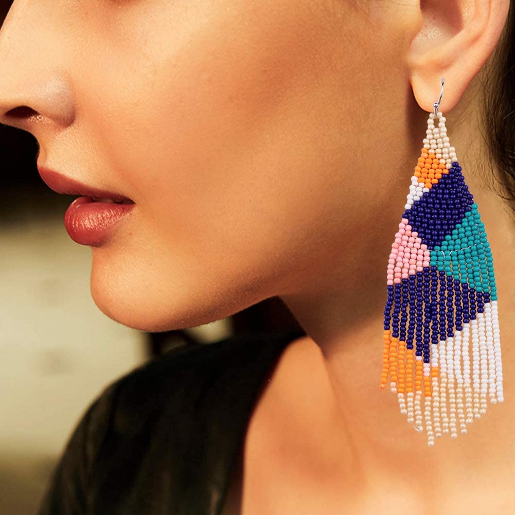 Woman fringe earrings Red seed bead earrings Long statement earrings Dangle red tassel earrings Bohemian earrings Beadwork earrings